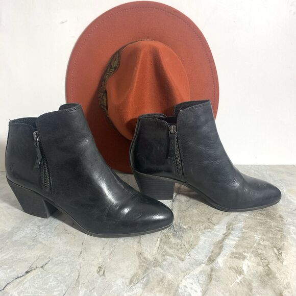Frye Black Leather Stacked Heel Zippered Ankle Boots Women’s Size 9 M - Picture 14 of 16